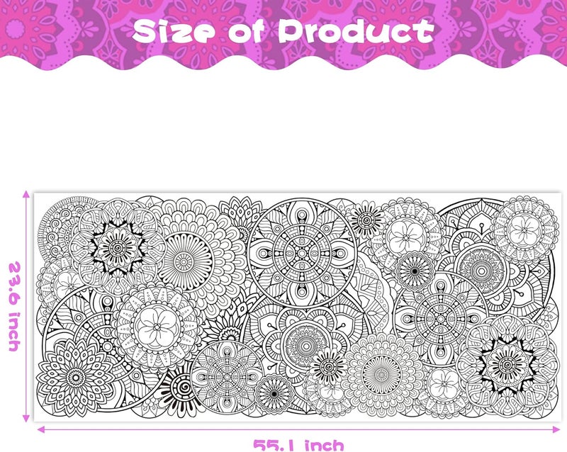Dvbonike Jumbo Mandala Coloring Poster Giant Flower Color-in Paper Poster DIY Drawing Blank Doodle Art Banner Circular Floral 55.1x23.6 inch Wall Decor, Home School Activity Party Supplies for Kids - Image 2